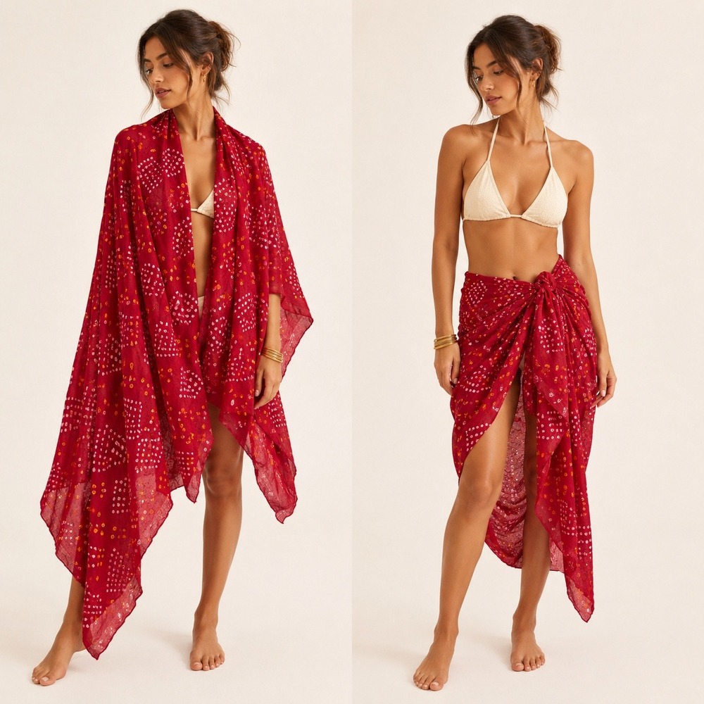 Mexicali Blue Sarong Wrap Womens OS Red Excellent Bandhani Boho Cottagecore Art